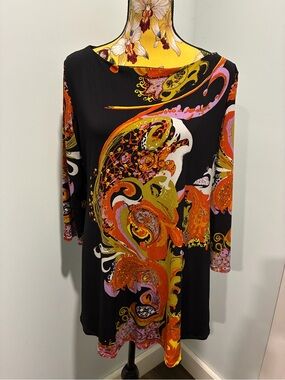 EVA VARRO Black Tunic with Colorful Swirl Print Size XXL